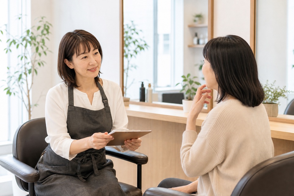 美容師がお客様の希望を丁寧にヒアリングしている様子