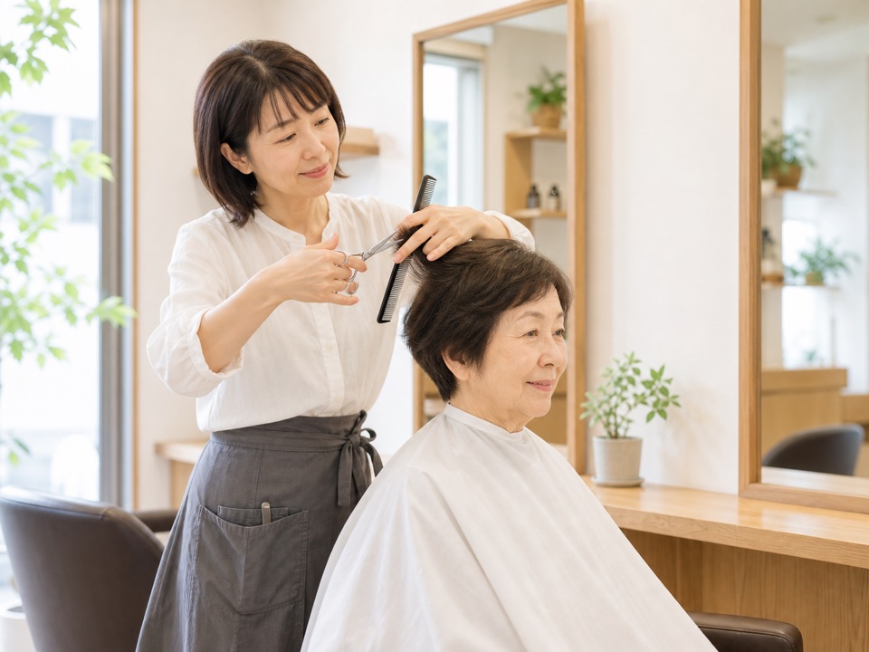 シニア世代のお客様が美容師にカットしてもらっている様子